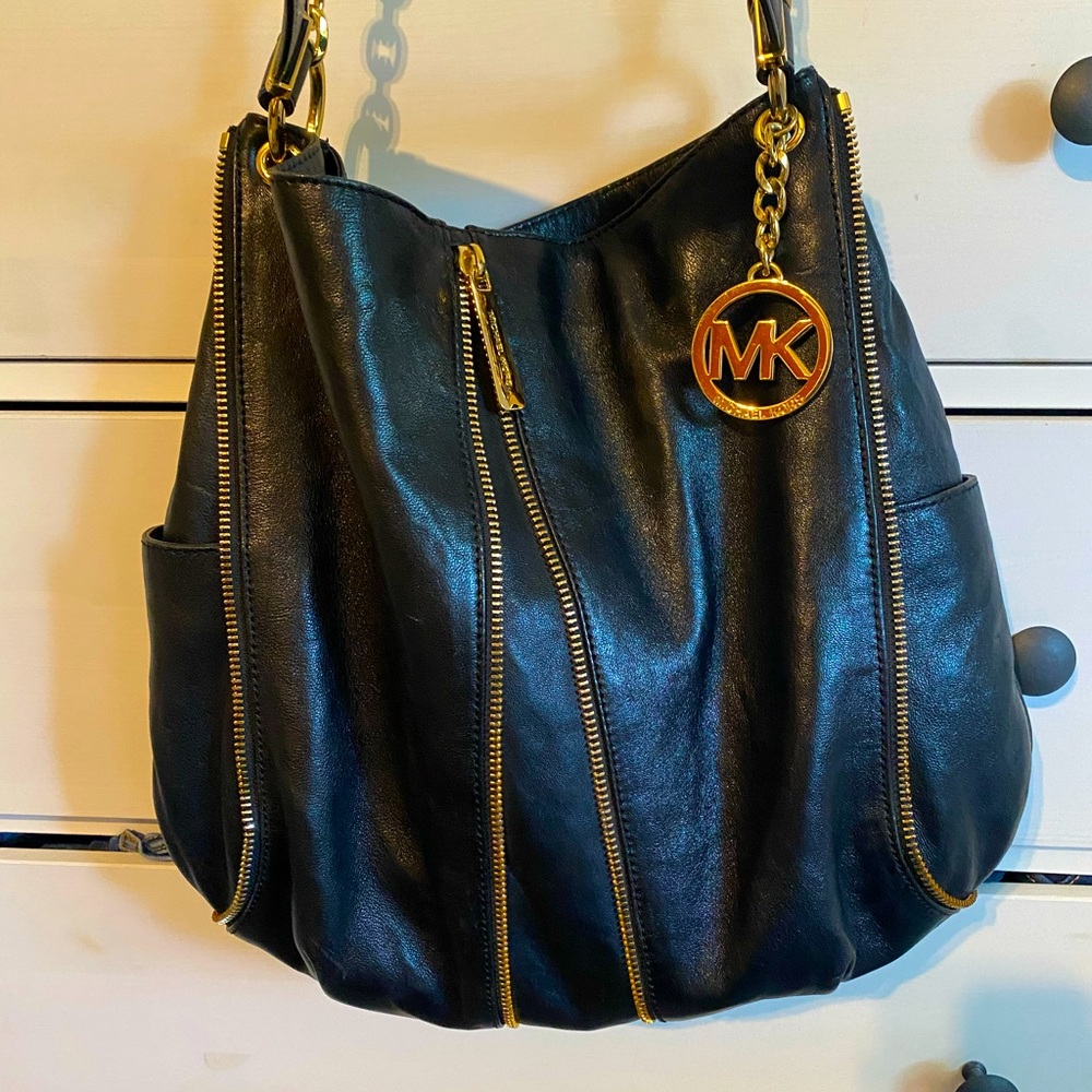 Michael Kors black leather gold hardware handbag